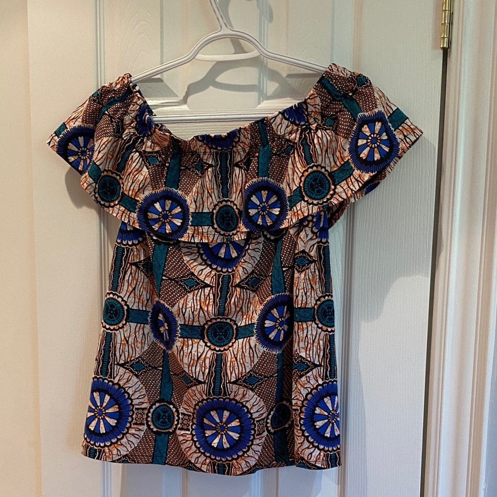 MaxMara Off-Shoulder Top with Blue and Brown Pattern